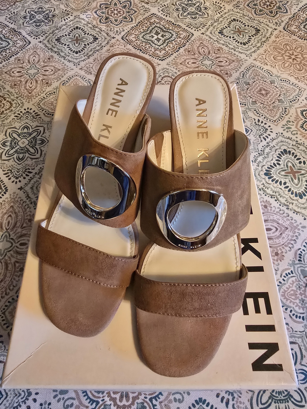 Anne Klein Tan Suede Slide Sandals with Silver Accent